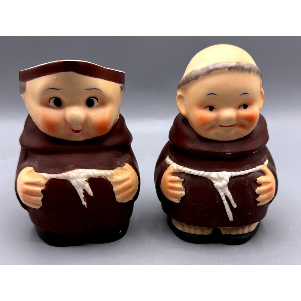 Vintage Napco Friar Tuck Ceramic Creamer and Sugar Bowl Set Japan Monk Brown